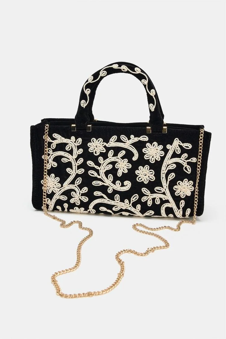 Elegant Floral Corduroy Tote with Pearls & Crossbody Chain