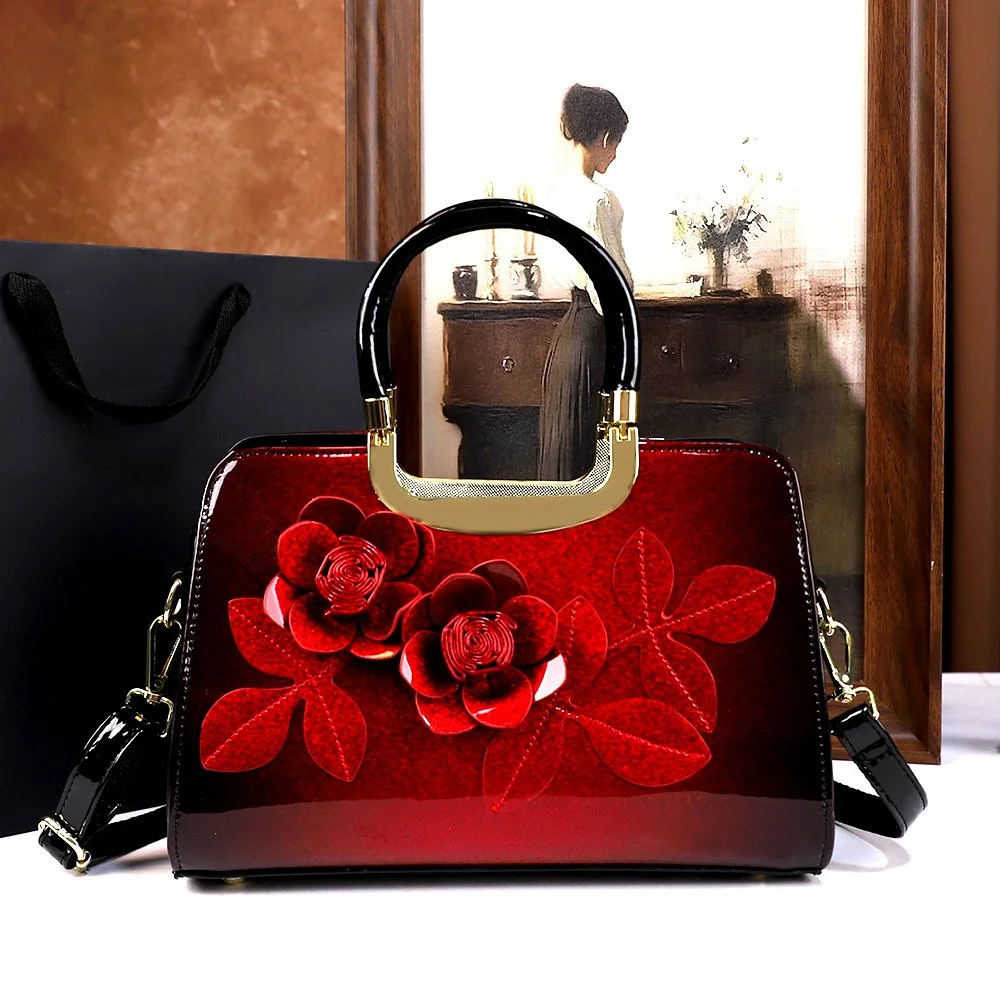 Elegant Floral Patent Leather Handheld Crossbody Tote Bag for Women