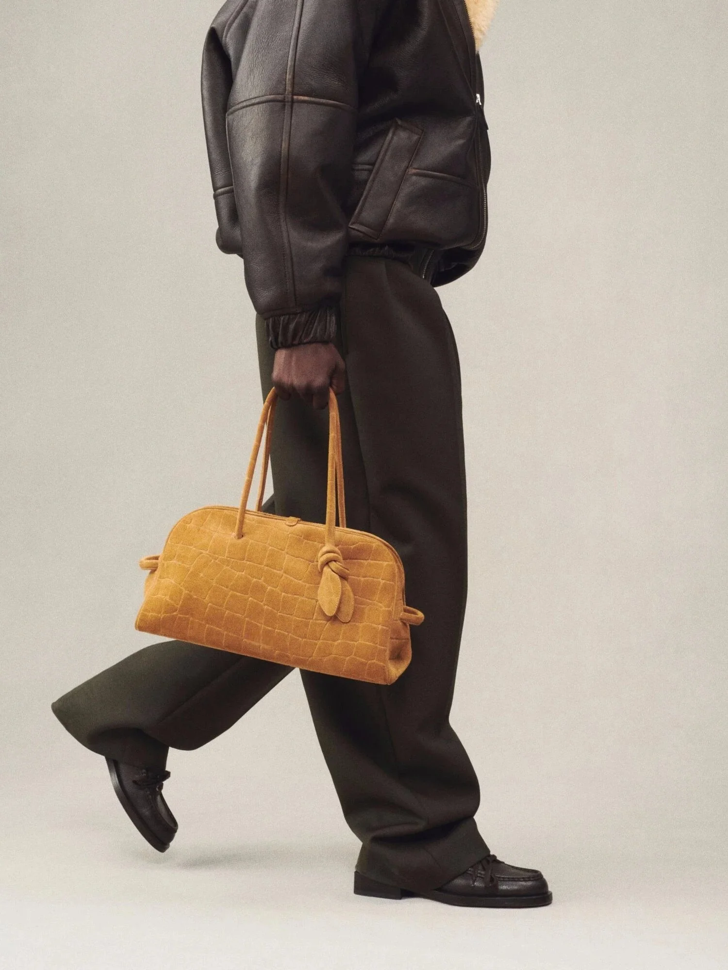 Women's Crocodile Embossed Faux Suede Bowling Bag with Bow Detail