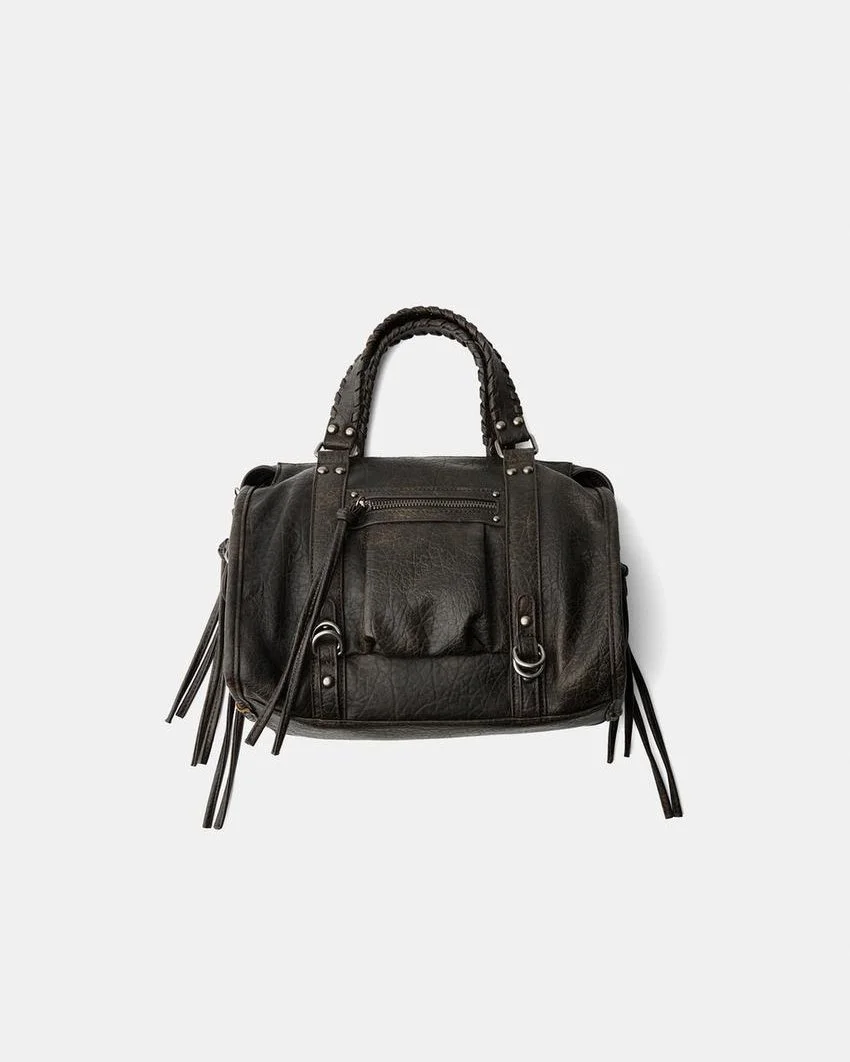Worn-Effect Bowling Baguette Handbag with Strap for Women
