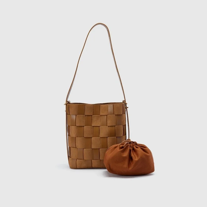Chic Woven Bucket Shoulder Bag for Women – Soft PU Everyday Hobo