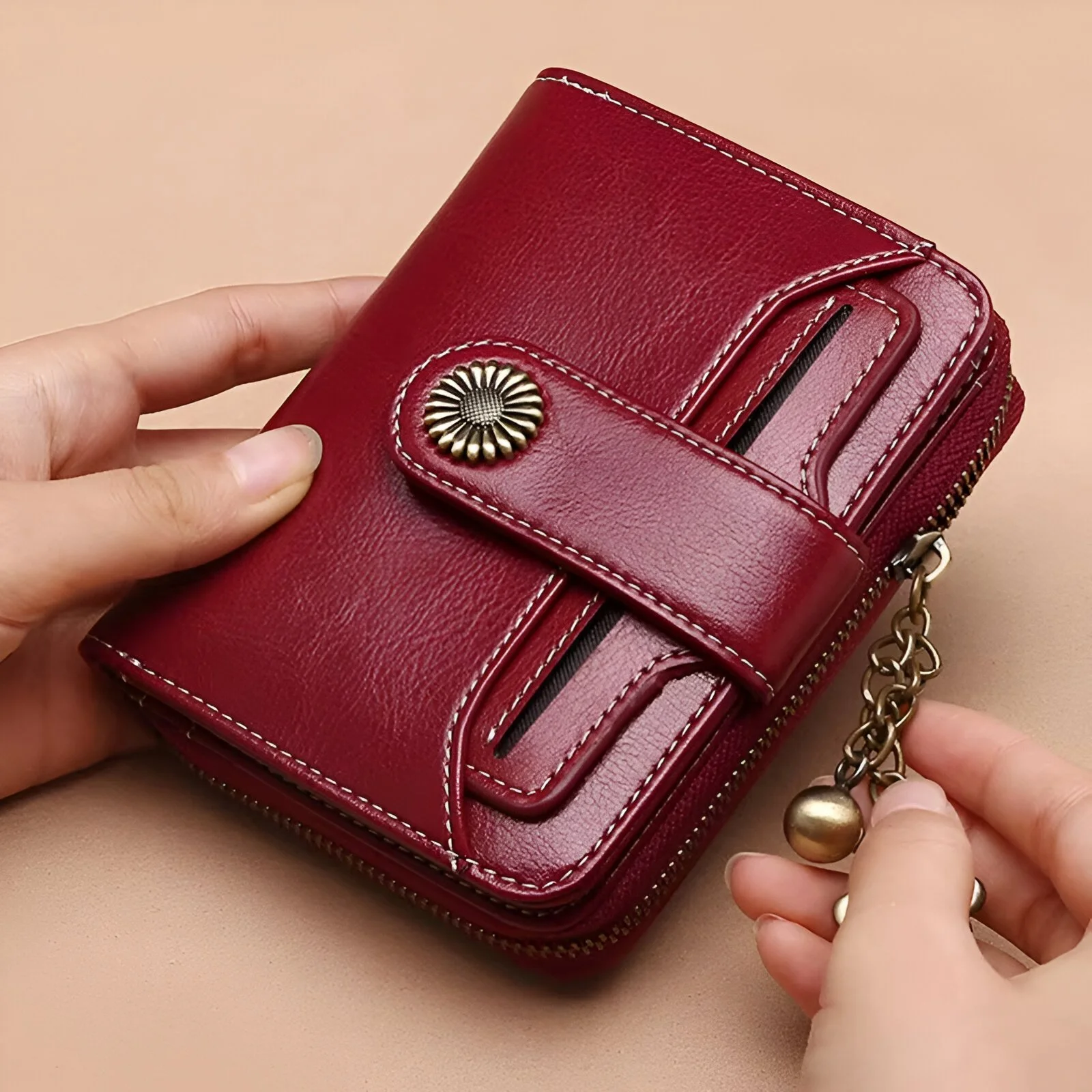 Genuine Leather Women’s Zipper Wallet with Chain – Small Coin Purse