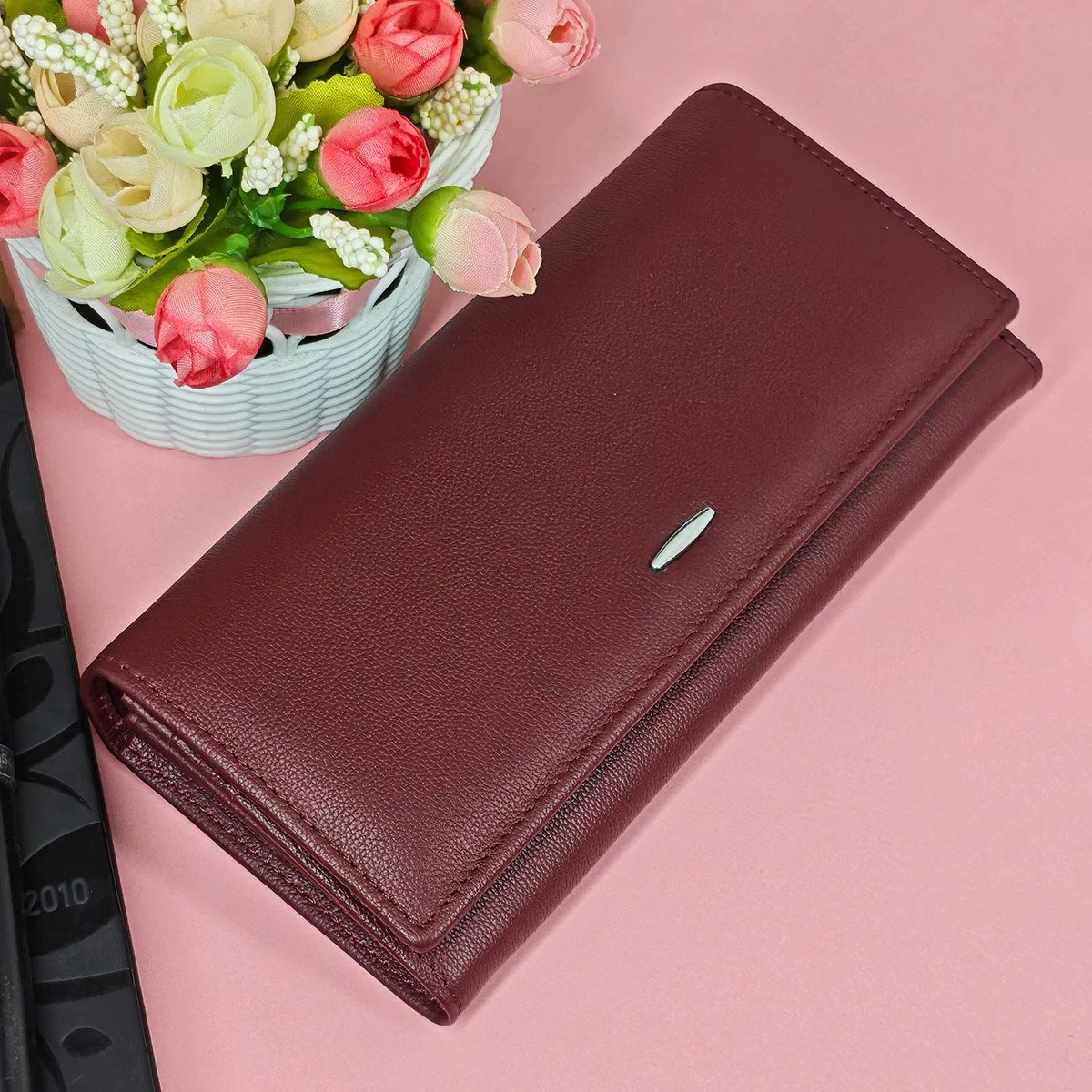 Luxury Wine Red Leather Wallet for Women – Slim Long Bifold with 8 Card Slots