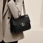 Women's Genuine Leather Shoulder Bag with Gold-Tone Chain Strap - Crossbody Fashionable Handbag