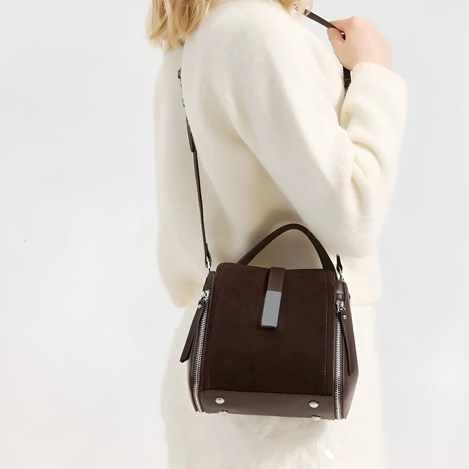 Women's Genuine Leather Suede Shoulder Bag - Luxury Crossbody Bucket Tote
