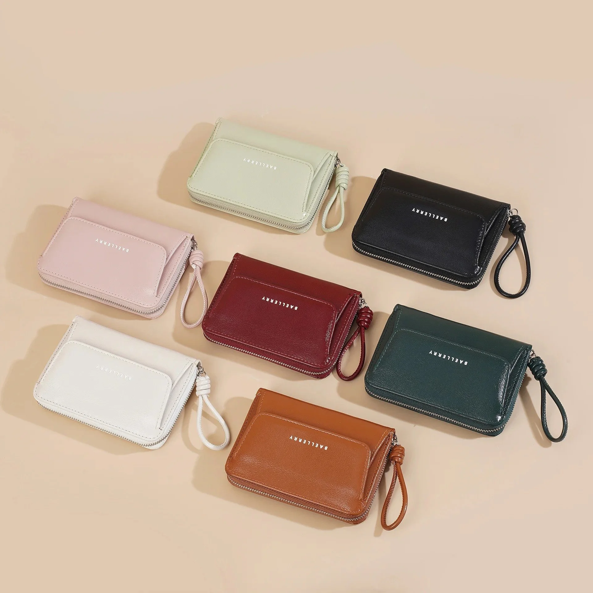 Women's Beige Zipper Around Short Wallet with Multi-slot Card Holder & Coin Purse