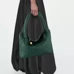 Vintage Woven PU Leather Shoulder Tote with Golden Bead Detail