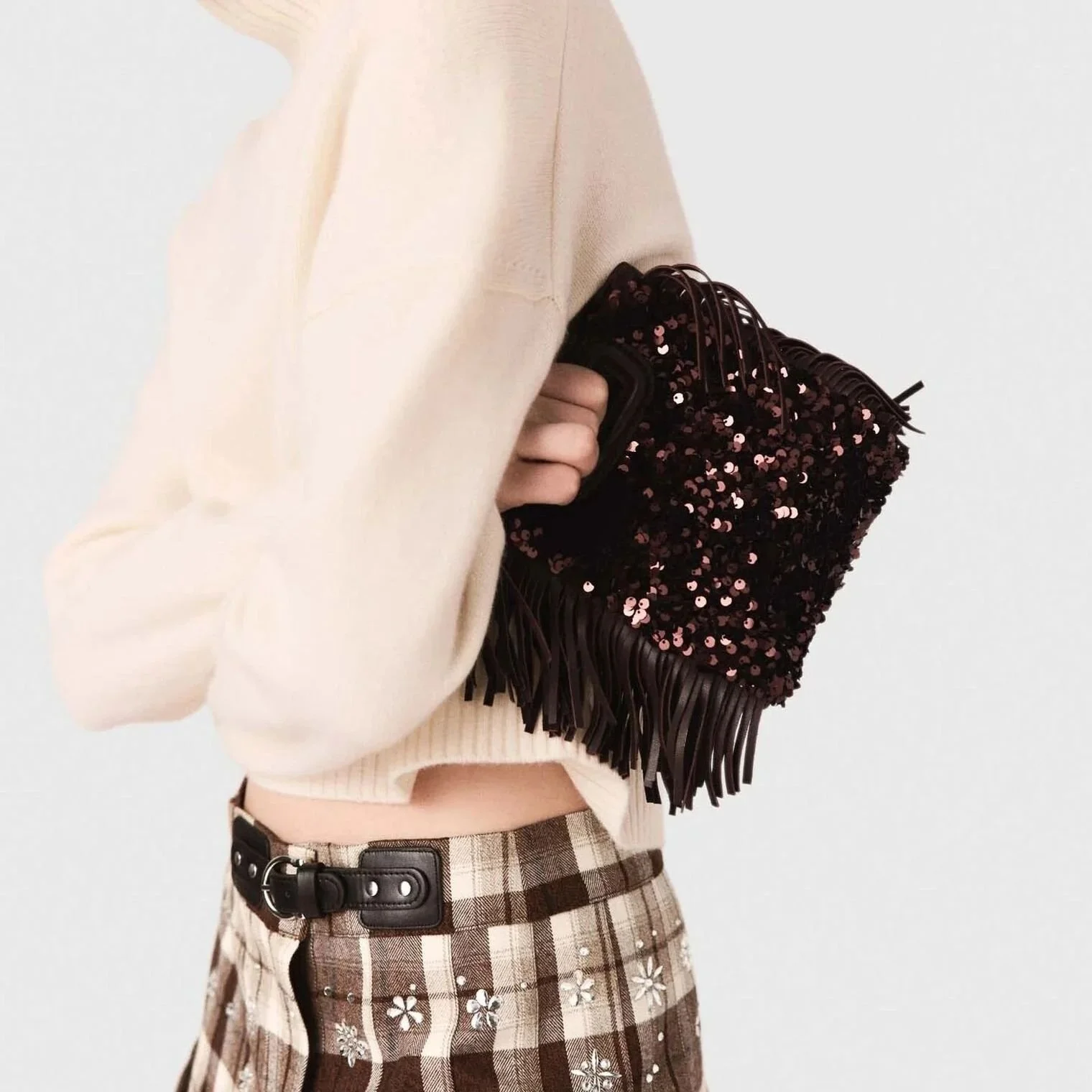 Glitter Sequins Mini Tassel Bag, Luxury Designer Shoulder Handbag with Chains