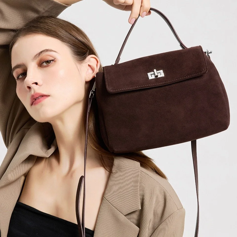 Genuine Natural Suede Cowhide Leather Tote Handbag for Women - Luxury Crossbody Shoulder Bag