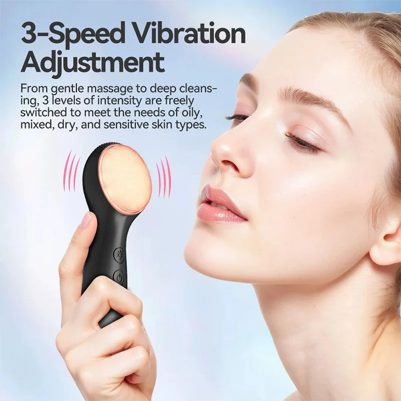 Electric Silicone Facial Cleansing Brush with LED Light & Vibration Massage