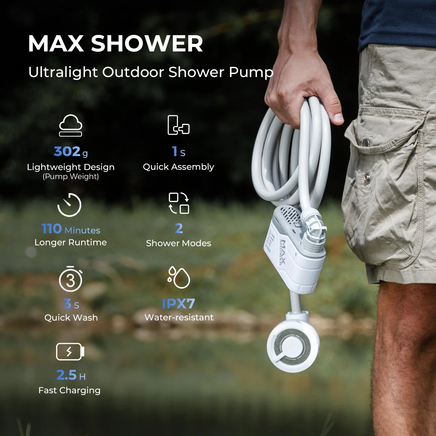Portable Electric Camping Shower Pump – IPX7 Waterproof with 2 Flow Modes