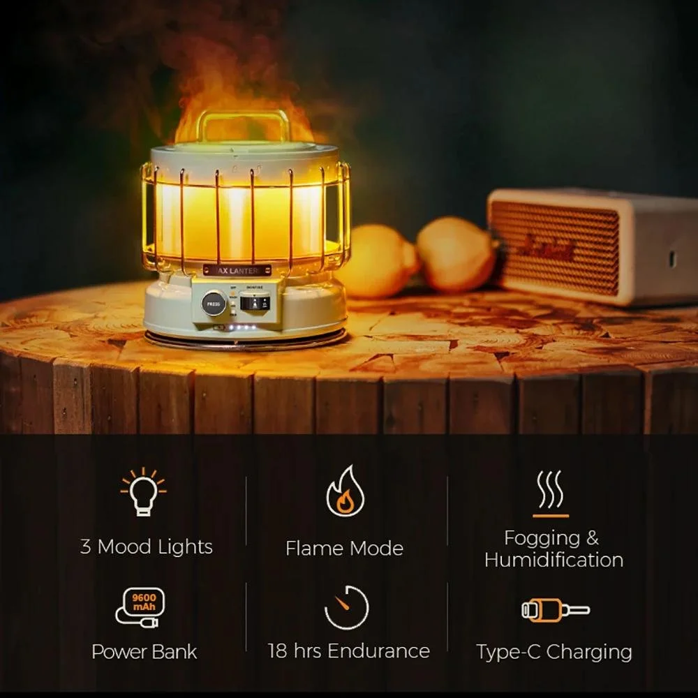 3-in-1 Vintage Camping Lantern with 9600mAh Battery, Flame Light & Humidifier
