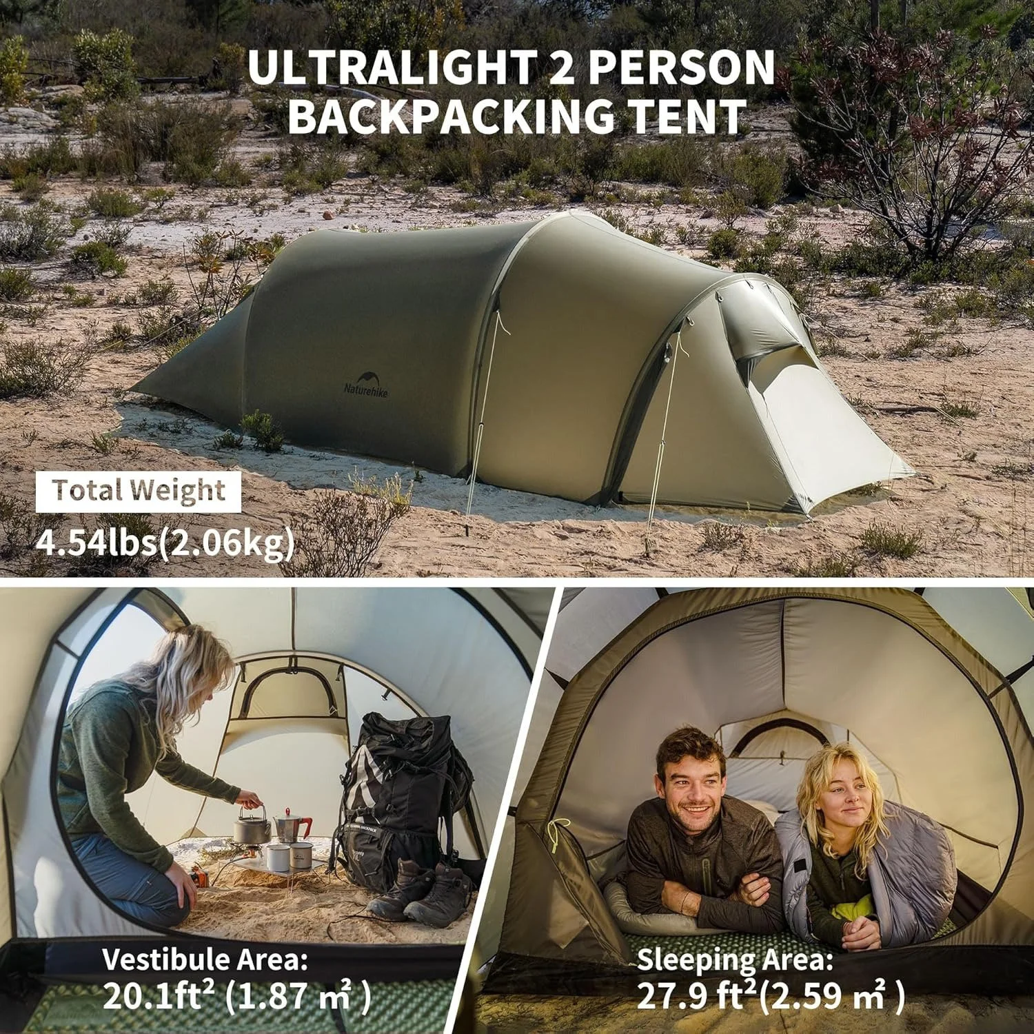 Ultralight Tunnel Tent for 2-3 People
