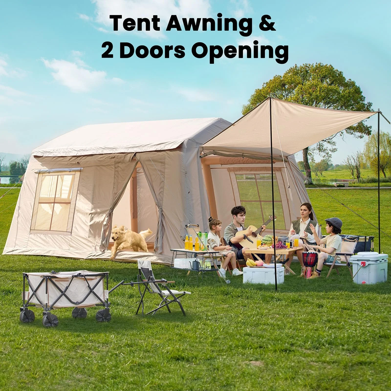117 sq ft Inflatable Camping Tent with Canopy & Stove Jack – Waterproof & Easy Setup