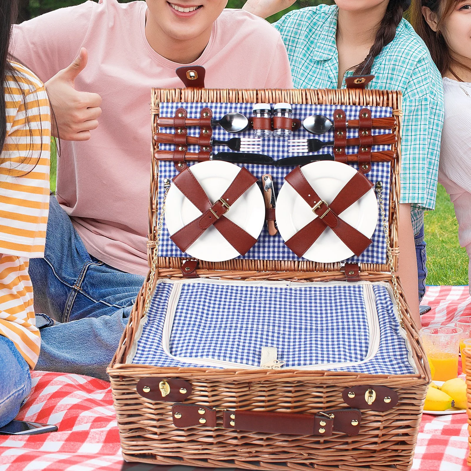 4-Person Insulated Wicker Picnic Basket Set with Tableware & Storage