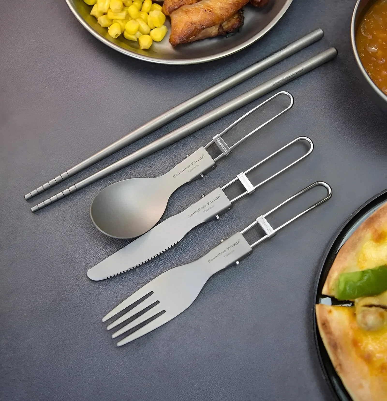 Portable Titanium Folding Cutlery Set – Knife, Fork, Spoon & Chopsticks