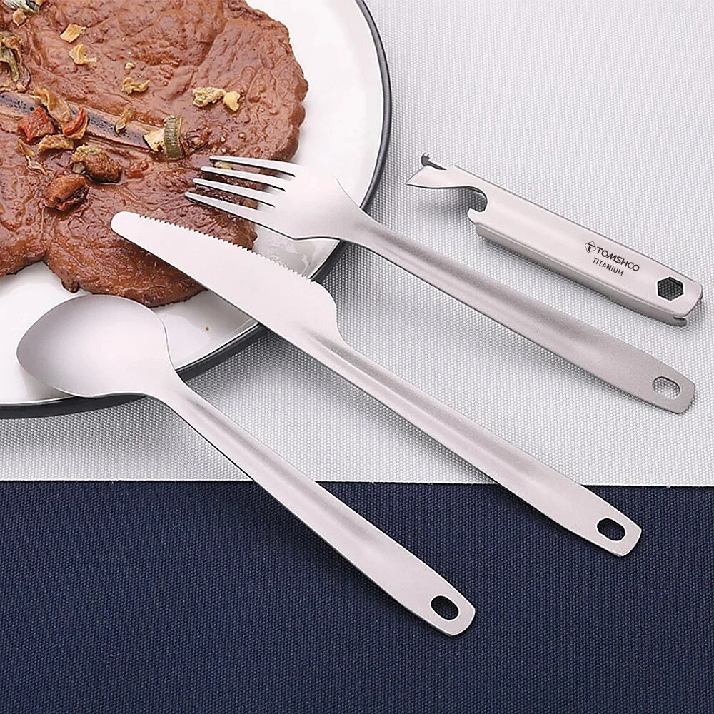 4-in-1 Titanium Camping Cutlery Set with Spoon, Fork, Cutter & Holder