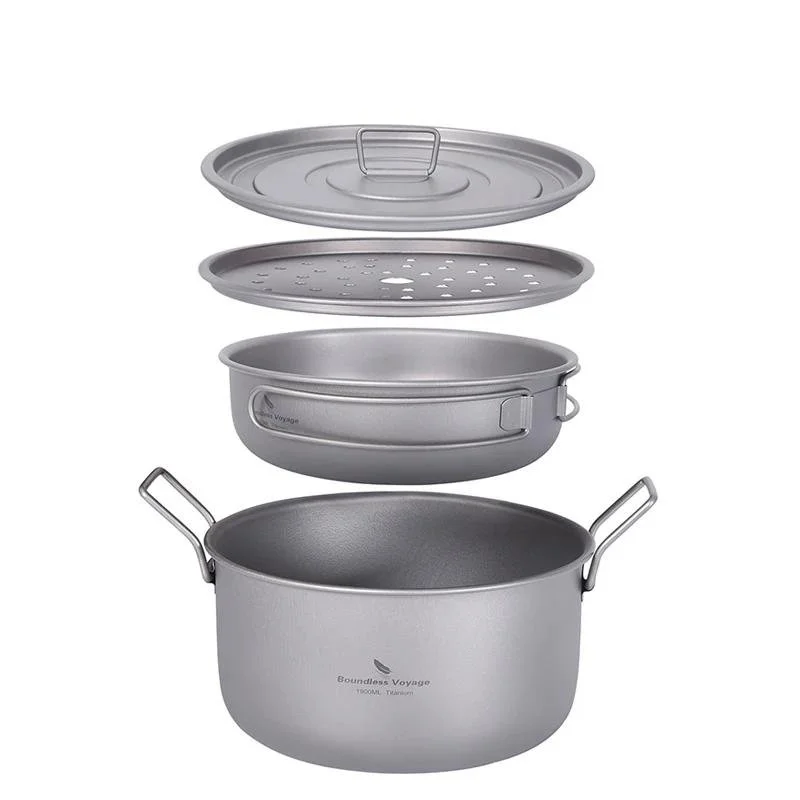 Lightweight Titanium Camping Pot and Frying Pan Set with Steamer Lid