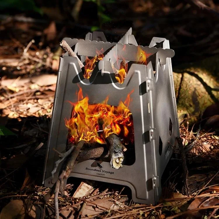 Portable Titanium Folding Wood Stove with Pot Support for Camping & Outdoor
