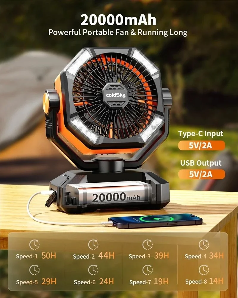 20000mAh Rechargeable Camping Fan with LED Light, 8 Speeds & Remote Control
