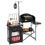 Folding Camping Kitchen Table with Storage, Windscreen & Aluminum Cook Station