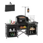 Portable Camping Kitchen Table with Aluminum Cook Station & 3 Storage Cupboards