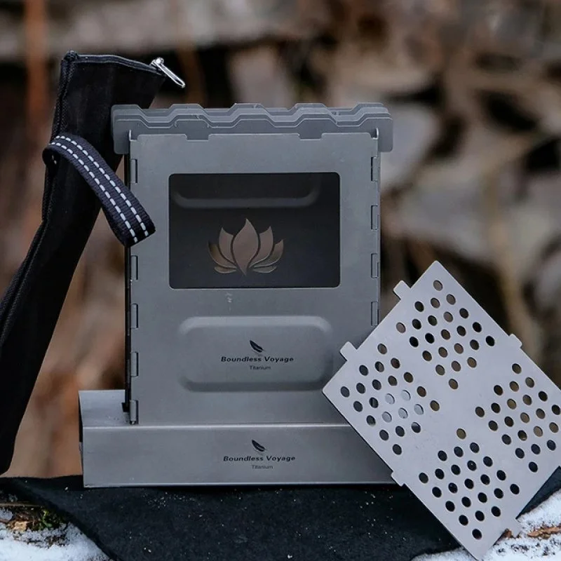 Lightweight Titanium Folding Camping Wood Stove with Pot Rack & Grill