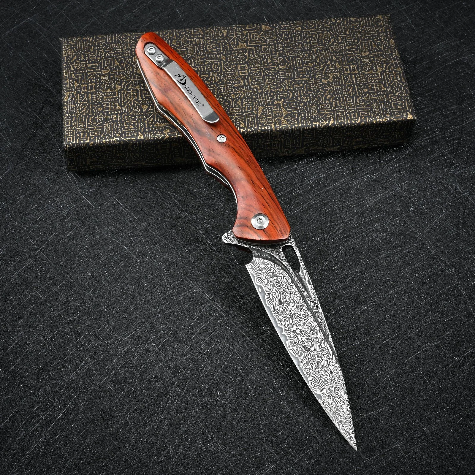 Damascus Steel Ball Bearing Pocket Folding Knife with Clip - Tactical EDC Knife