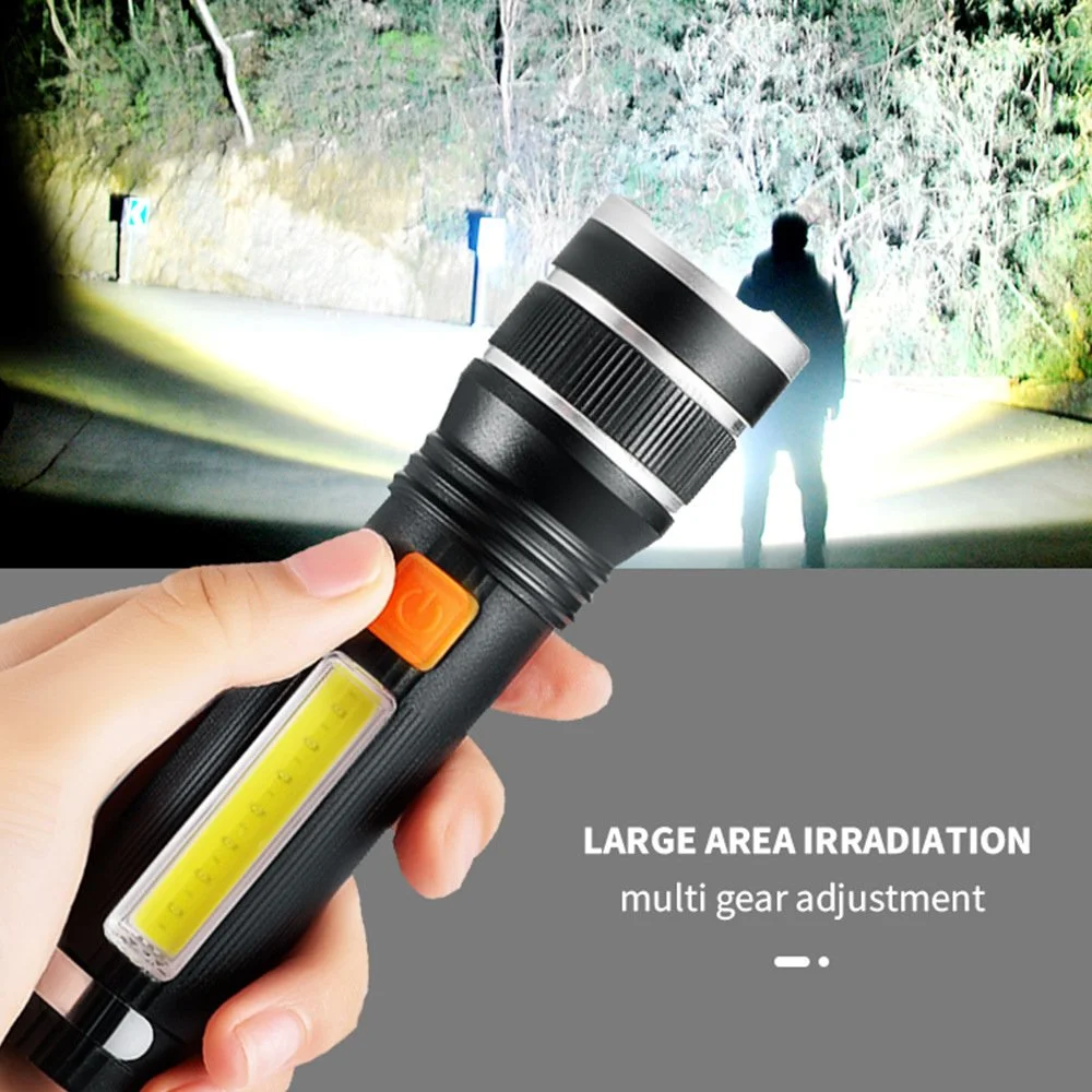 Rechargeable LED Flashlight with Side Lights and Adjustable Focus for Outdoor Use