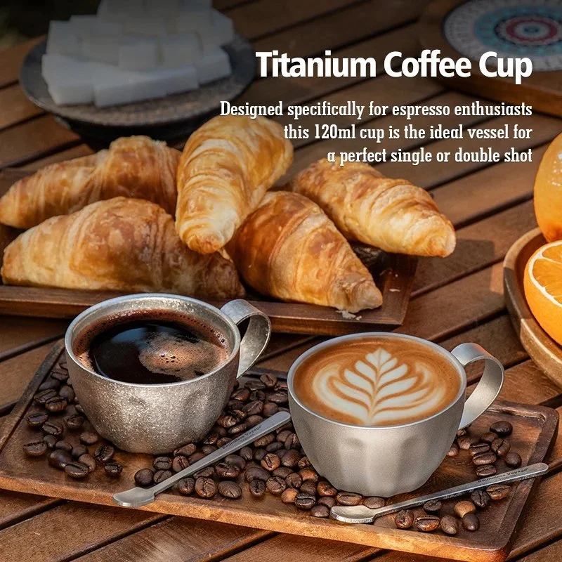 Ultralight Double-Wall Titanium Espresso Cup with Handle & Spoon