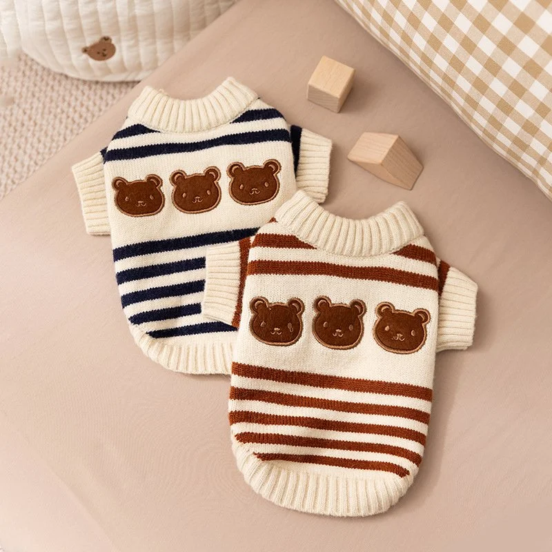 Cozy Striped Knit Dog Sweater with Cartoon Embroidery – Warm Winter Pet Clothes