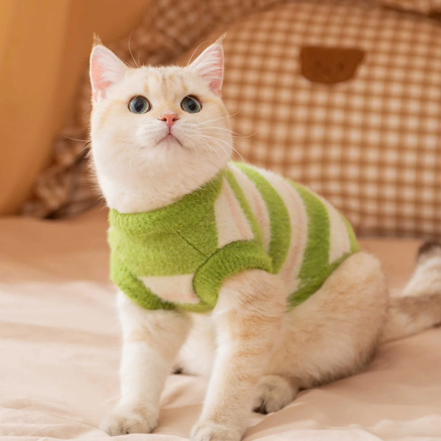 Floral Striped Faux Fur Dog Sweater – Warm Knit Coat for Small Pets