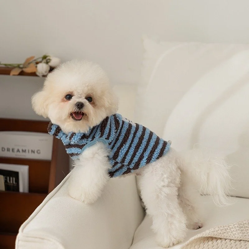 Striped Puppy Sweatshirt with Leash Loop – Warm Plush Pet Jacket