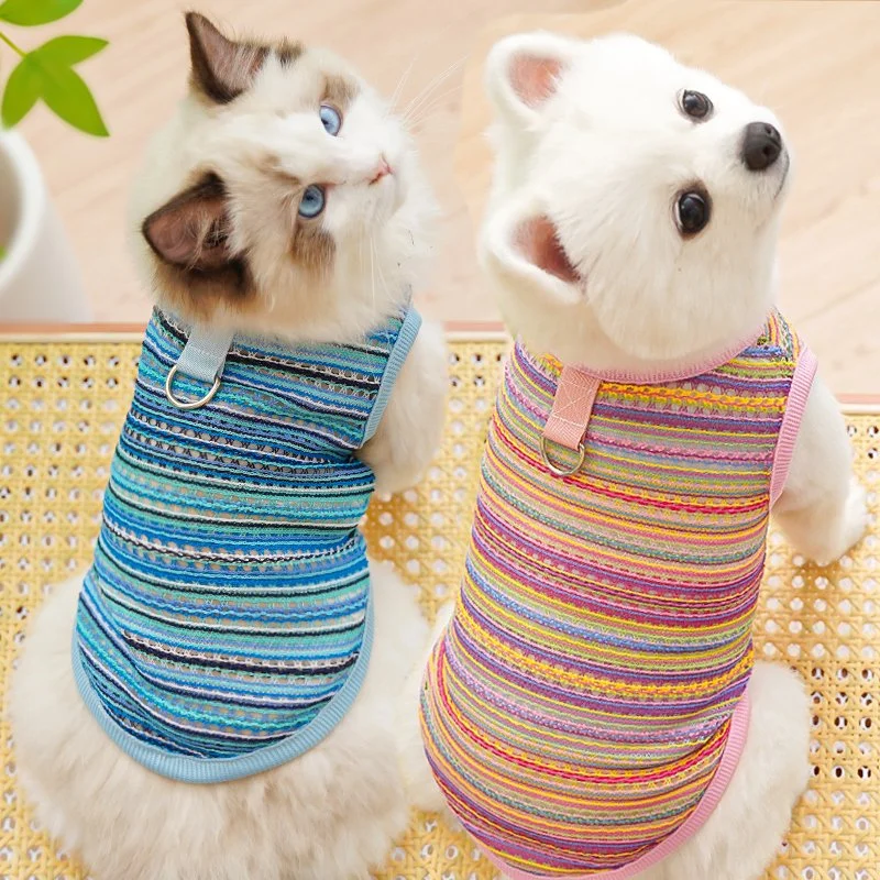 Breathable Dog Vest with Leash Buckle – Lightweight Striped Pet T-Shirt