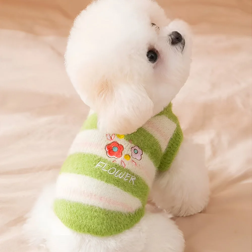 Striped Flower Knit Pet Sweater for Small Dogs & Cats – Autumn/Winter
