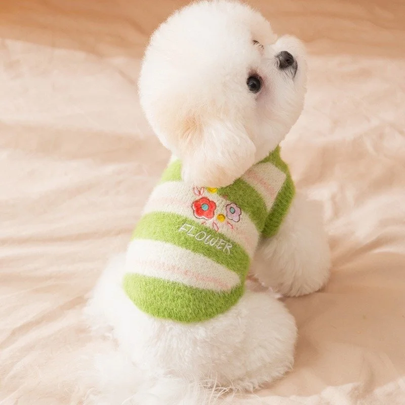 Green Striped Floral Puppy Sweater – Cozy Winter Knitwear for Small Dogs