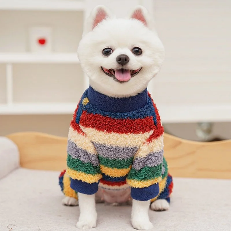 Winter Plush Rainbow Striped Pet Jumpsuit