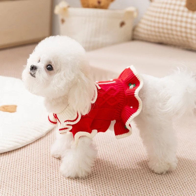 Winter Princess Knitted Dog Sweater Dress with Embroidered Flower