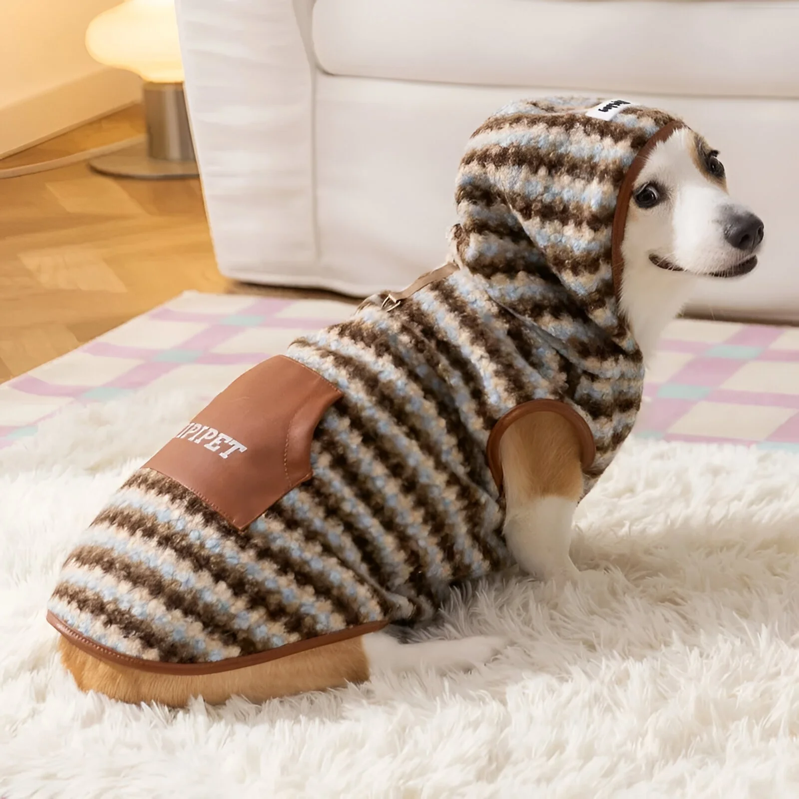 Striped Fleece Hooded Dog Coat for Medium Dogs