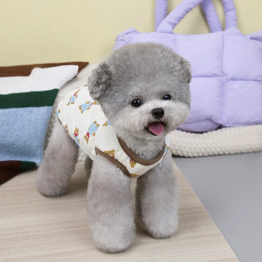 Cozy Bear Print Dog Vest with Bow Tie Button-Up Winter Jacket