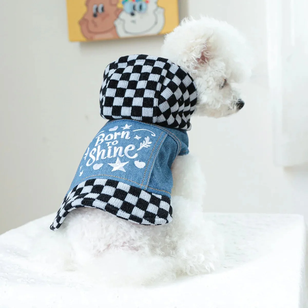 Pet Plaid Hooded Sweatshirt with Denim Splicing - Stylish Dog Coat for Small Dogs