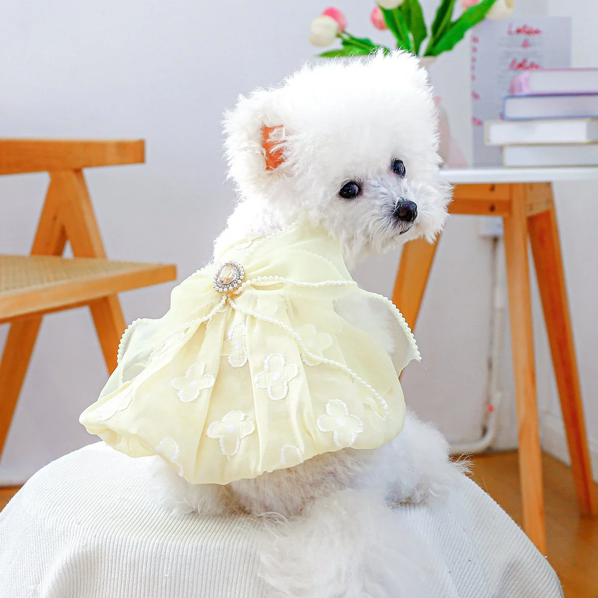 Yellow Floral Embroidery Tulle Dog Dress for Small Dogs