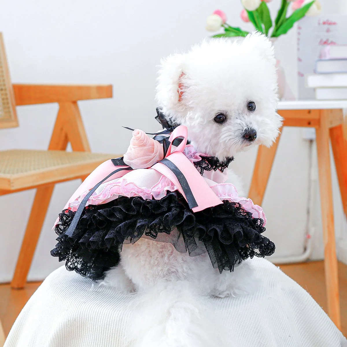 Pink Lace Flower Tutu Dog Dress with Bow for Princess Parties