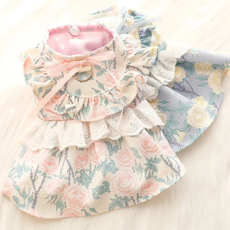 Floral Princess Dress with Ruffled Skirt and D-Ring for Small Dogs