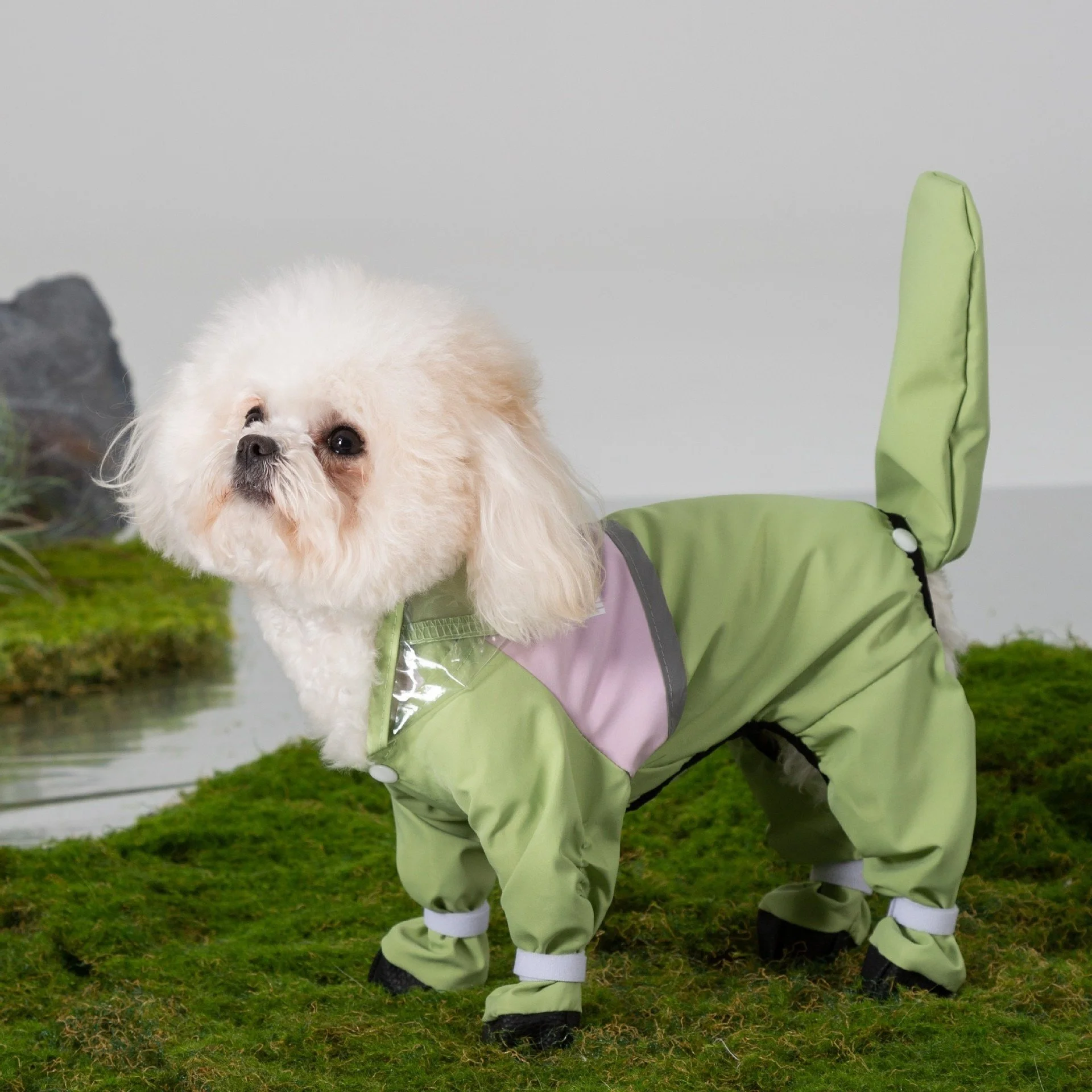 All-Weather Beige Dog Raincoat with Four-Leg Coverage for Small Dogs