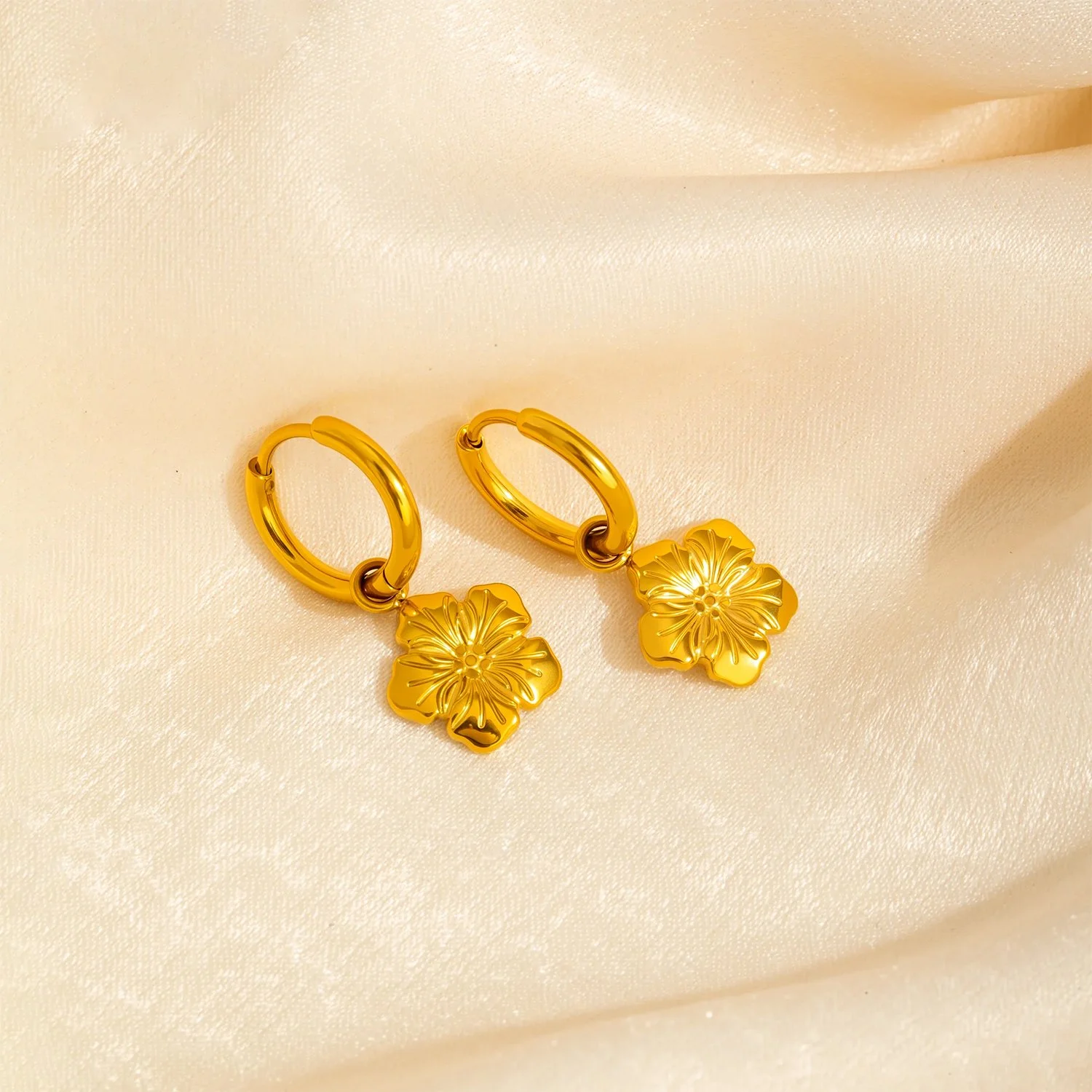 Plum Blossom Drop Hoop Earrings – 18K Gold Plated, Hypoallergenic & Lightweight