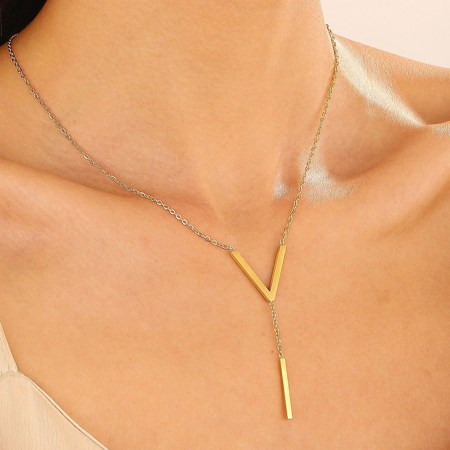 Minimalist V Logo Stainless Steel Sweater Chain Necklace for Women