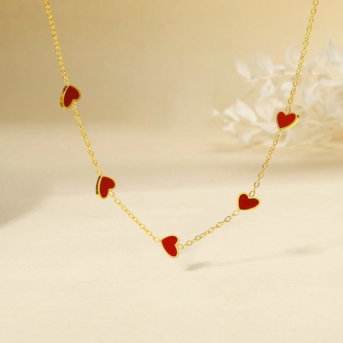 Gold Heart Charm Necklace with Red Enamel Pendants – Romantic Gift