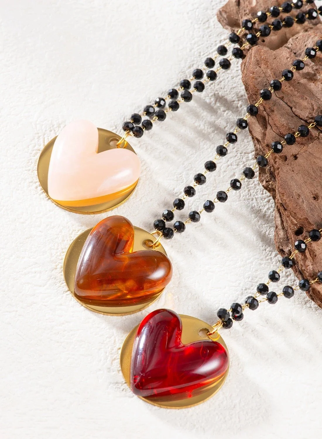 Romantic Resin Heart Pendant Necklace with Black Beaded Chain