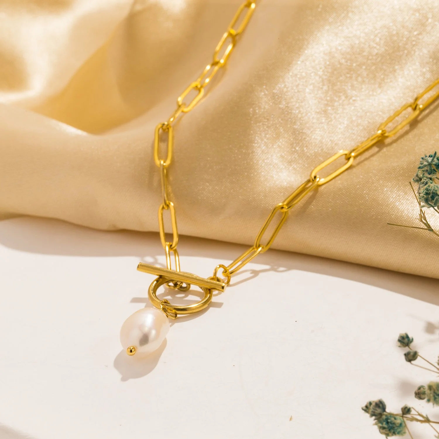 Elegant Pearl Pendant Necklace with Gold Plated Snake Chain